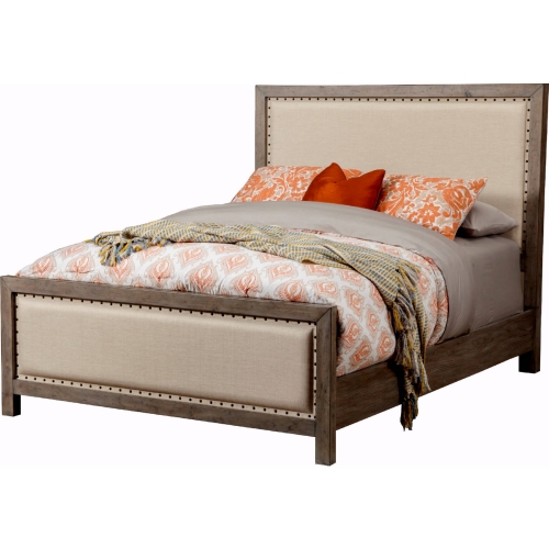 Classic King Bed in Distressed Natural Grey Wood & Linen