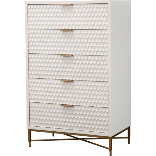 White Pearl 5 Drawer Chest in Textured White Finish & Gold