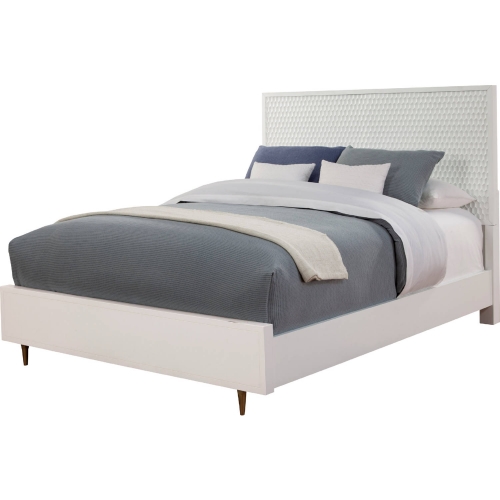 White Pearl King Panel Bed in Textured White Finish & Gold