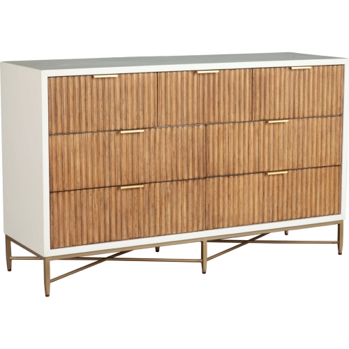 Larsen 7 Drawer Dresser in White & Natural Wood & Gold