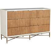 Larsen 7 Drawer Dresser in White & Natural Wood & Gold