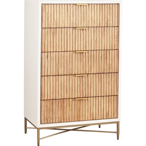 Larsen 5 Drawer Chest in White & Natural Wood & Gold