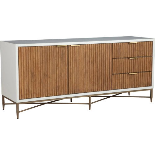 Larsen 64" TV Stand Console in White & Natural Wood & Gold