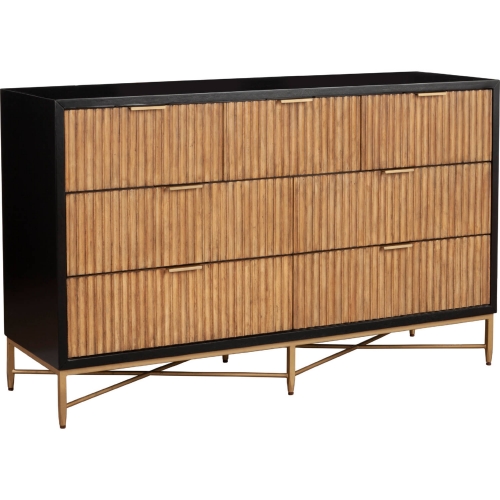 Larsen 7 Drawer Dresser in Black & Natural Wood & Gold