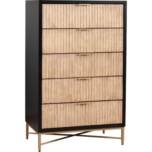 Larsen 5 Drawer Chest in Black & Natural Wood & Gold