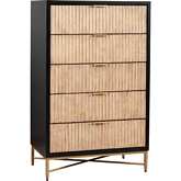 Larsen 5 Drawer Chest in Black & Natural Wood & Gold