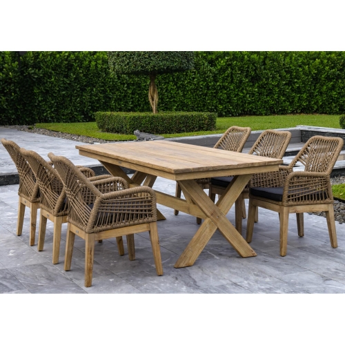 Santino 7 Piece Outdoor Dining Set in Wood, Beige Rope & Grey Sunbrella Fabric