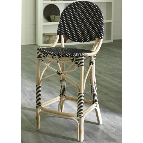 French Bistro Bar Stool in Rattan & Black & Beige All Weather Weave