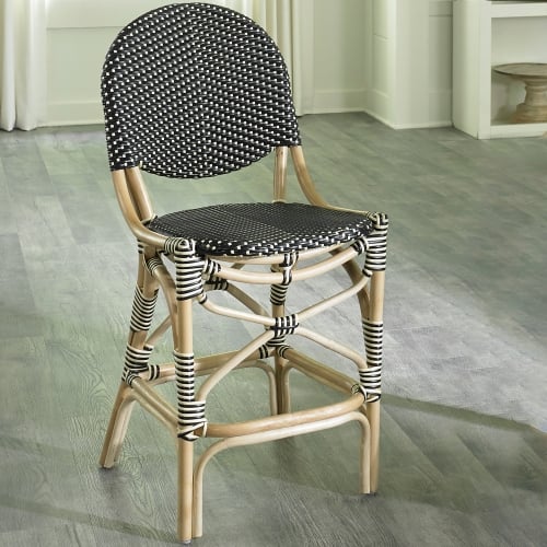 French Bistro Counter Stool in Rattan & Black & Beige All Weather Weave