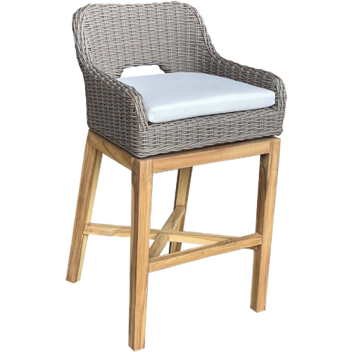 Dunes Outdoor Swivel Bar Stool in Kubu Grey Poly Wicker & White Fabric