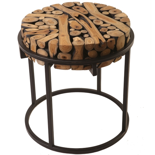 Safari Round Side Table in Teak Branches & Black Iron