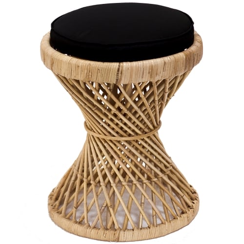 Vintage Rattan Stool w/ Twill Fabric