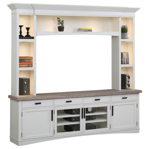 Americana Modern 92" TV Stand Console w/ Hutch & Lights in Cotton White Wood