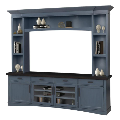 Americana Modern 92" TV Stand Console w/ Hutch & Lights in Denim Blue Wood