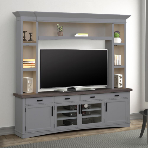 Americana Modern 92" TV Stand Console w/ Hutch & Lights in Dove Grey Wood