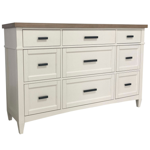 Americana Modern 9 Drawer Dresser in Cotton White & Weathered Oak (Mirror Optional)