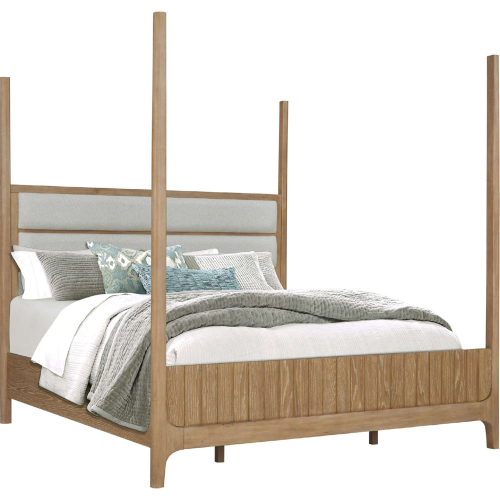 Escape Queen Poster Bed in Glazed Natural Oak & Neutral Fabric