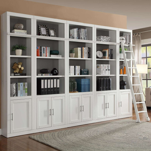 Catalina 6 Piece Linear Library Bookcase Wall in Cottage White Wood