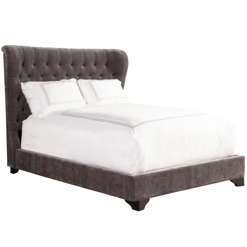 Chloe King Bed w/ Tufted Wing Headboard in Grey Fabric