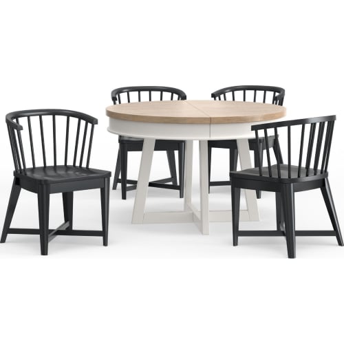 Americana Modern 5 Piece Round to Oval Dining Set in White, Wood & Black