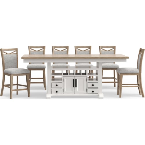 Americana Modern 7 Piece Counter Dining Set in White, Wood & Neutral Fabric