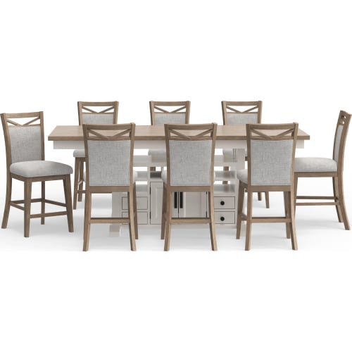 Americana Modern 9 Piece Counter Dining Set in White, Wood & Neutral Fabric