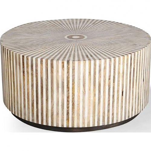 Crossings Downtown Round Coffee Cocktail Table in Mango Wood w/ Bone Inlay