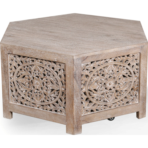 Crossings Eden Hexagonal Coffee Cocktail Table in Washed Carved Wood