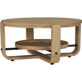 Escape Round Coffee Cocktail Table w/ Shelf in Glazed Natural Oak & Black Metal