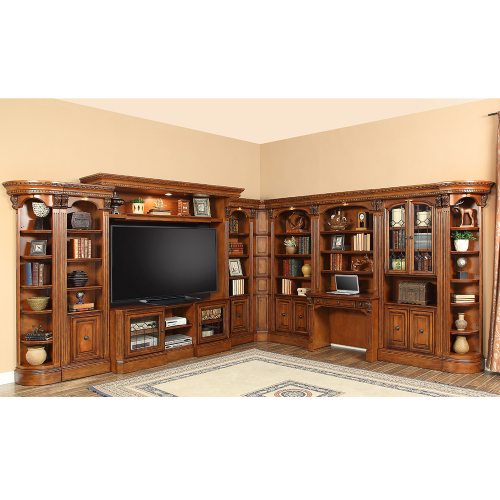 Huntington 10 Piece Expandanble Library Entertainment Wall in Antique Vintage Pecan