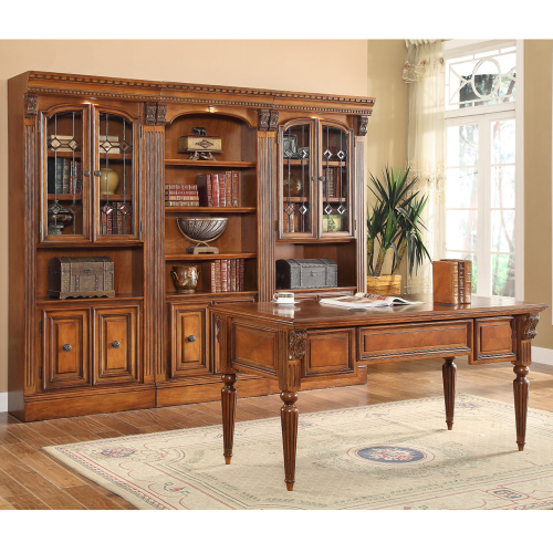 Huntington Writing Desk with Bookcase Wall 4 Piece in Antique Vintage Pecan