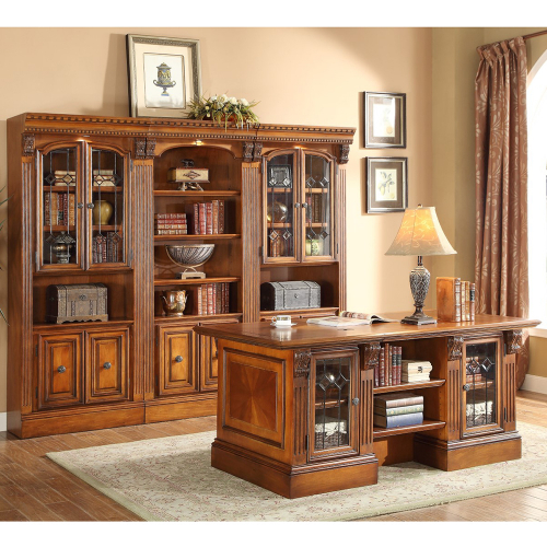 Huntington Executive Desk w/ Bookcase Wall 4 Piece in Antique Vintage Pecan