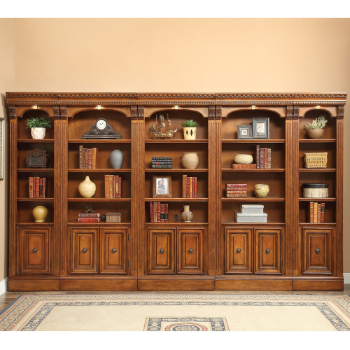 Huntington Inset Bookcase Wall 5 Piece in Antique Vintage Pecan