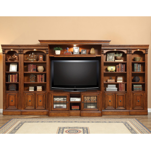 Huntington Inset Entertainment Wall 6 Piece in Antique Vintage Pecan