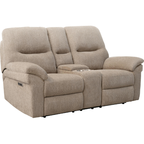 Bryant Power Reclining Loveseat w/ Console in Wicker Neutral Fabric