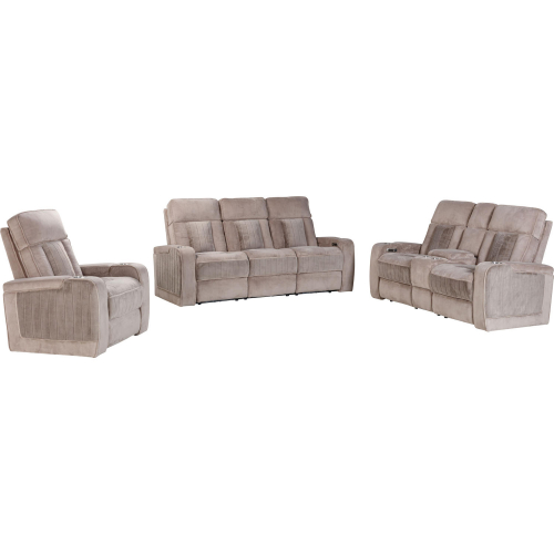 Equinox Power Reclining Sofa, Loveseat & Recliner Set in Mushroom Tan Fabric