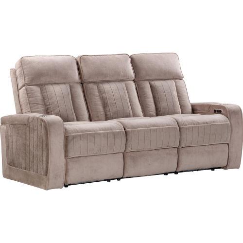 Equinox Power Reclining Sofa with Drop Down Table in Mushroom Tan Fabric