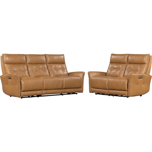 Gershwin Power Reclining Sofa & Loveseat Set in Butterscotch Brown Top Grain Leather