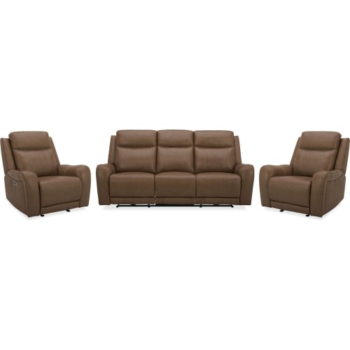 Haywood Power Reclining Sofa & Two Recliners Set in Butternut Brown Leather