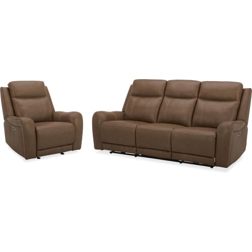 Haywood Power Reclining Sofa & Recliner Set in Butternut Brown Leather