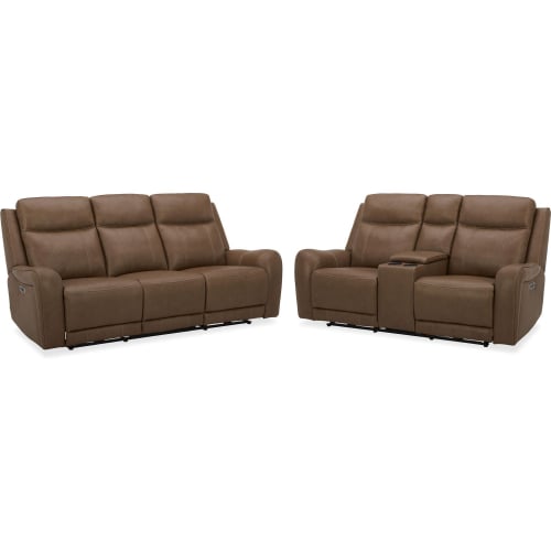 Haywood Power Reclining Sofa & Loveseat Set in Butternut Brown Leather