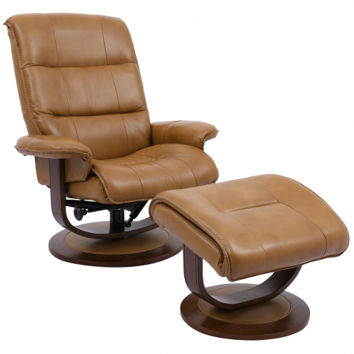 Knight Manual Reclining Swivel Chair & Ottoman in Caramel Brown Top Grain Leather