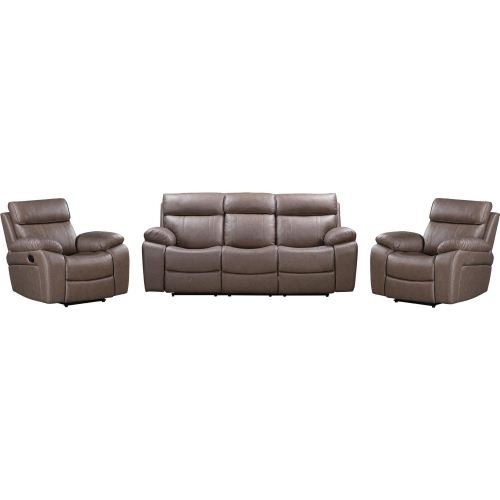 Theon Manual Glider Reclining Sofa & Two Recliners Set in Toffee Brown Leatherette