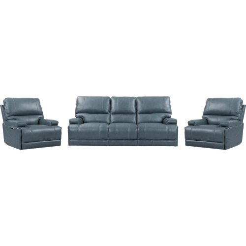 Whitman Power Cordless Reclining Sofa & Two Recliners Set in Azure Top Grain Leather