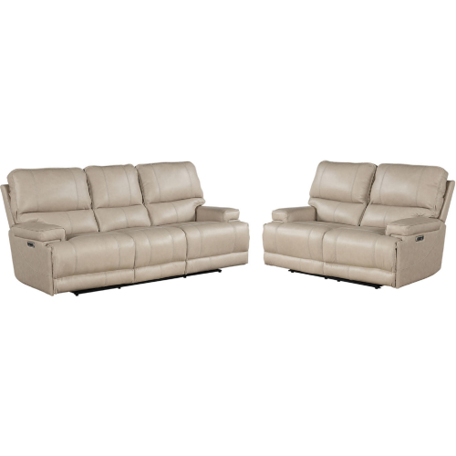 Whitman Power Cordless Reclining Sofa & Loveseat Set in Linen Beige Top Grain Leather