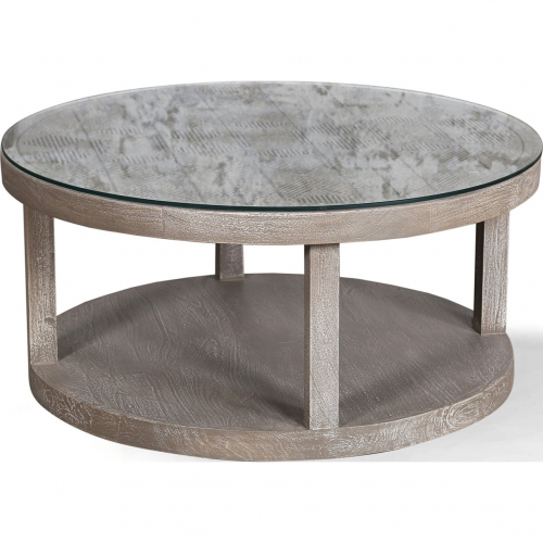 Crossings Serengeti Round Coffee Cocktail Table in Grey Wood & Glass