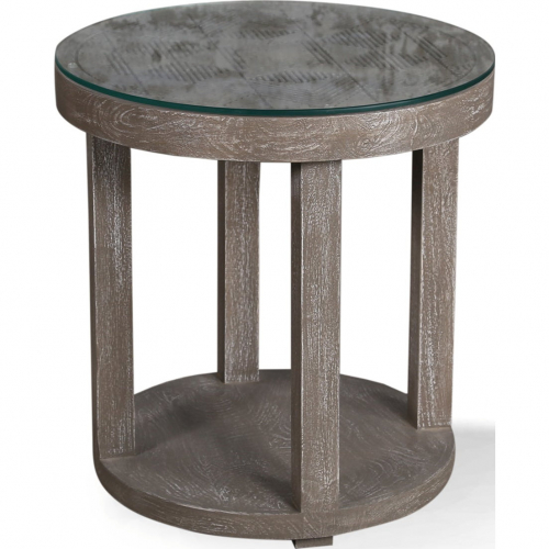 Crossings Serengeti Round End Table in Grey Wood & Glass