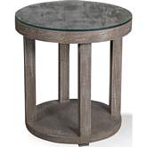 Crossings Serengeti Round End Table in Grey Wood & Glass