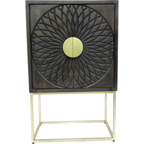 Cyra Hand Carved Cabinet in Gray Solid Wood & Gold Metal