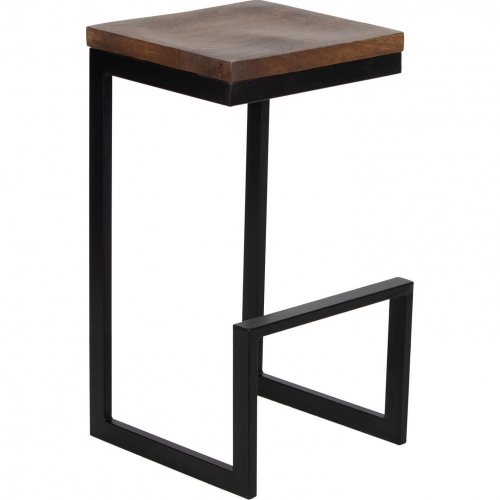 Cube Bar Stool in Walnut Brown Solid Wood & Black Metal (Set of 2)